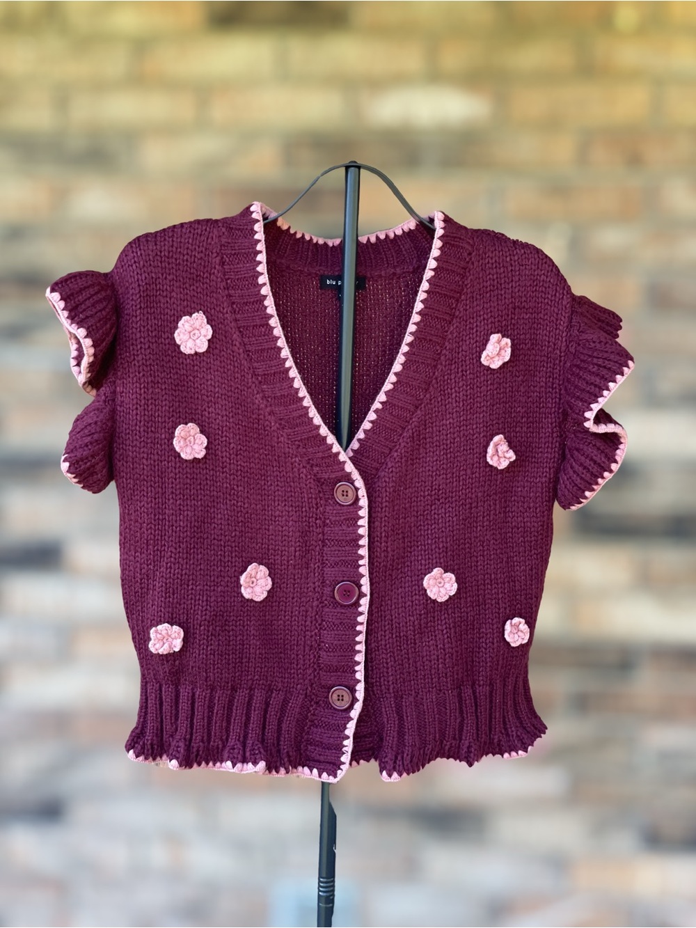Blu Pepper Large Burgundy Pink Floral Ruffle Sleeve Knit Cardigan